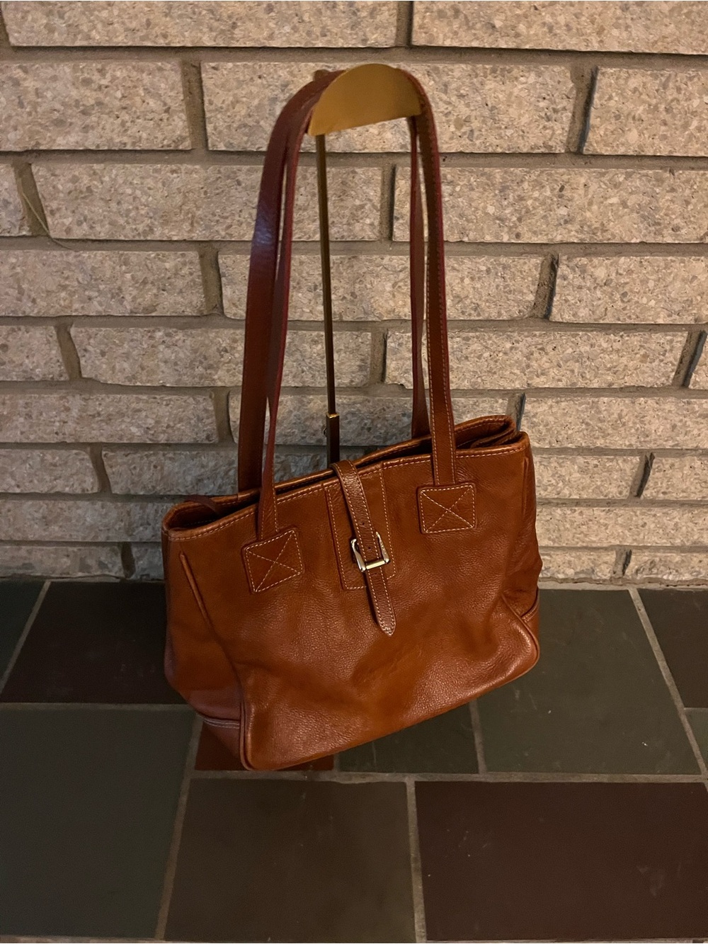 Vintage Dooney & Bourke Cognac Brown Pebbled Leather Shoulder Tote Bag